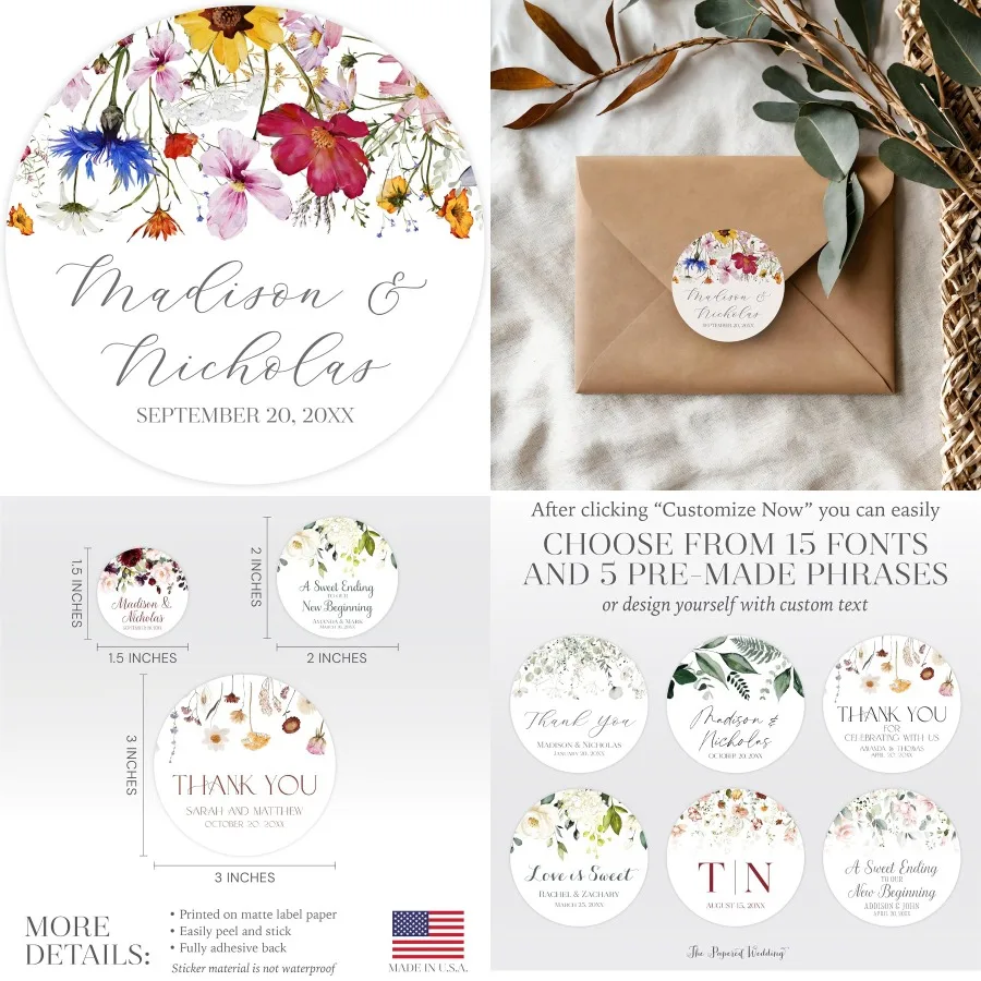 

Personalized Floral Wedding Stickers with Your Choice of 30 Flower Styles - Customize Font and Select One of Five Pre-made Phra