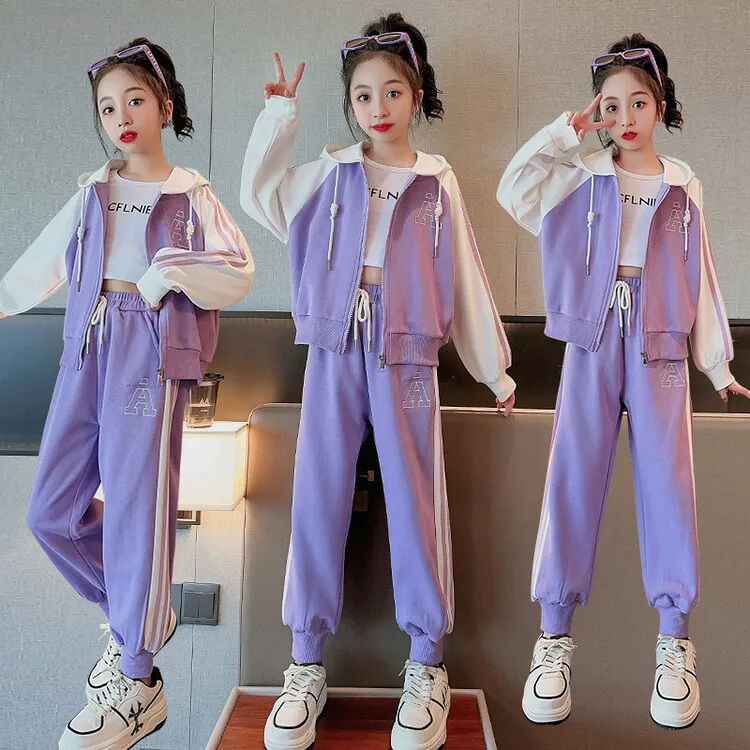 Girl Suit 2023 New Spring Autumn Korean Fashion Style Sets Girls Long Sleeve Hooded Jacket Solid Cuffed Pants Two Piece Suit