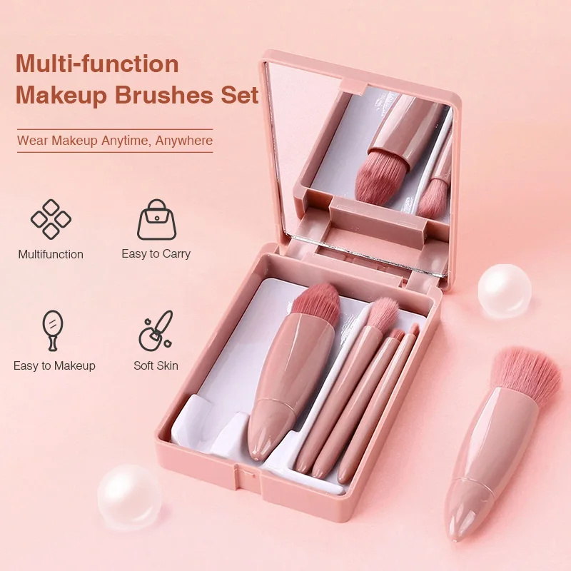 Portable 5PCS Makeup Brushes Set With Mirror Mini Multi-function Foundation Brush Eyeshadow Powder Brush Foldable Cosmetic Tools