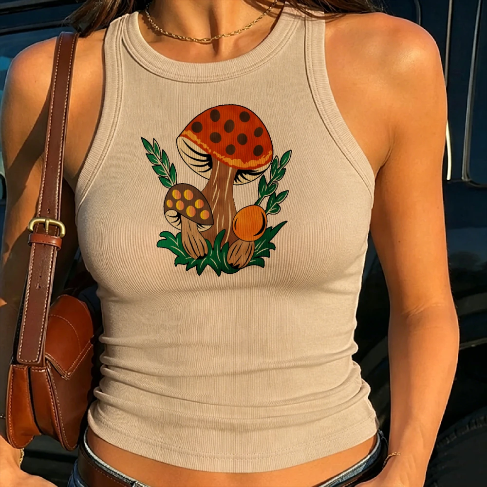 Harajuku Y2K Soft Girl Vintage Forest Mushroom Leaf Print Women Ribbed Crop Tank Kawaii Retro Daily Camiseta Mujer Crop Tops