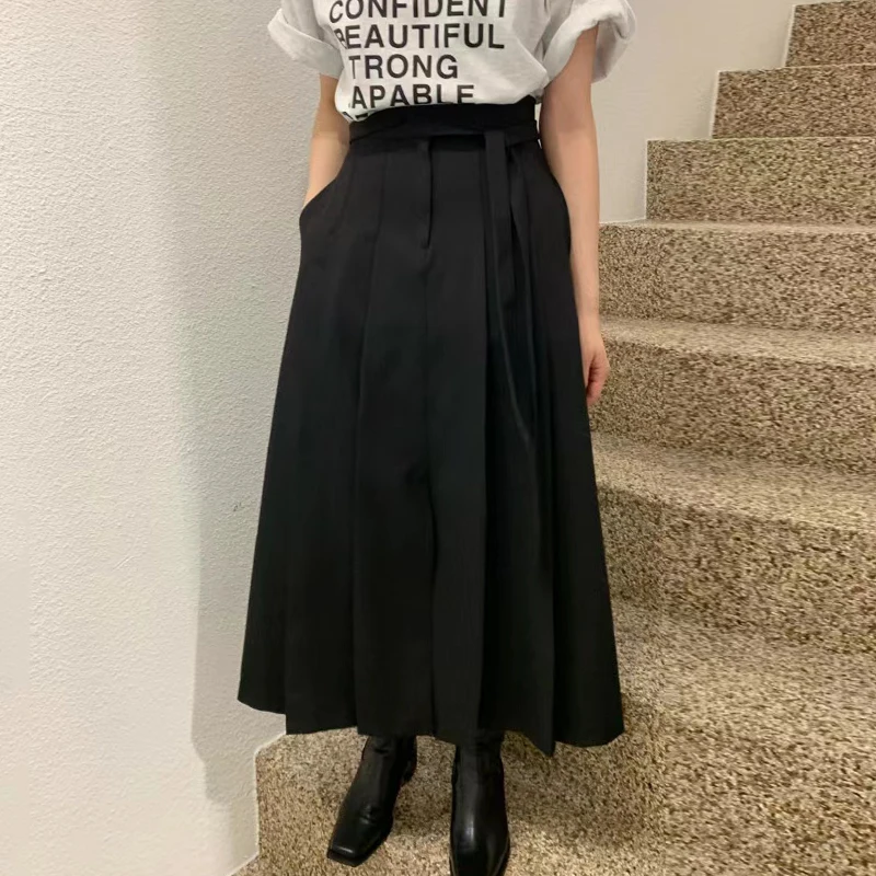 

Ele Spring High Waist Banded Long Skirt Pure Color Oversized Design Korean Sle Commute A-Line Midi Skirt