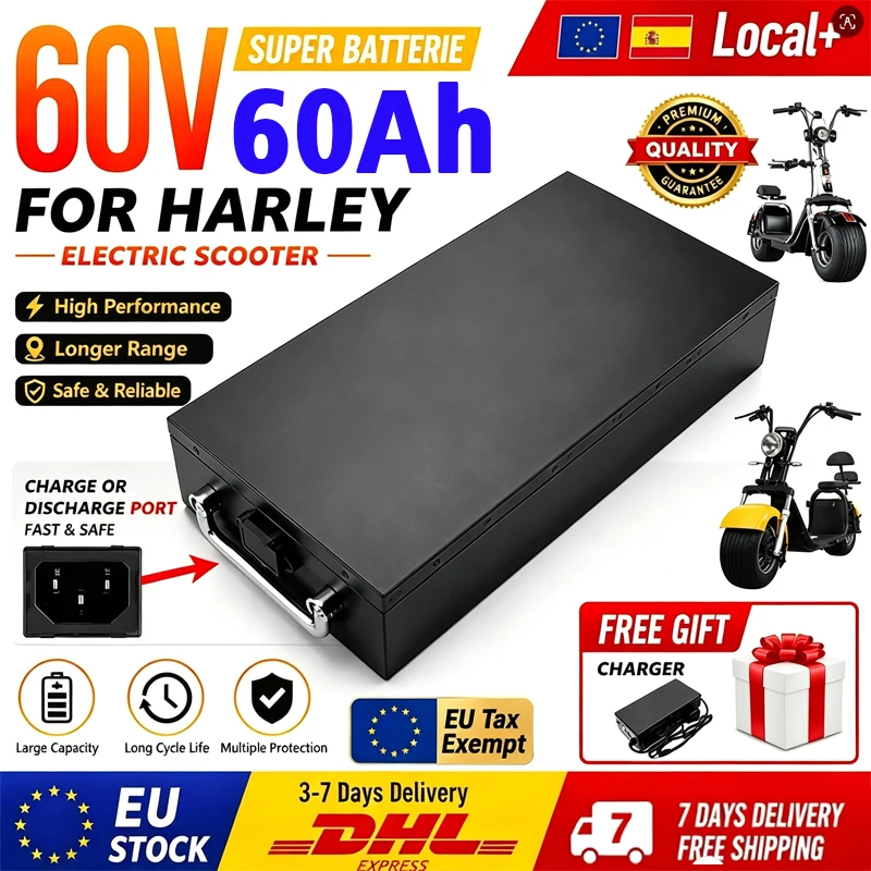 2000W CityCoco Harley-Style Elektroroller Batterie 60V 60Ah, 18650 Elektromotorrad Lithium-Ionen-Batteriepack, Wasserdichte Batterie mit 67,2V Ladegerät, EU-Lokallager