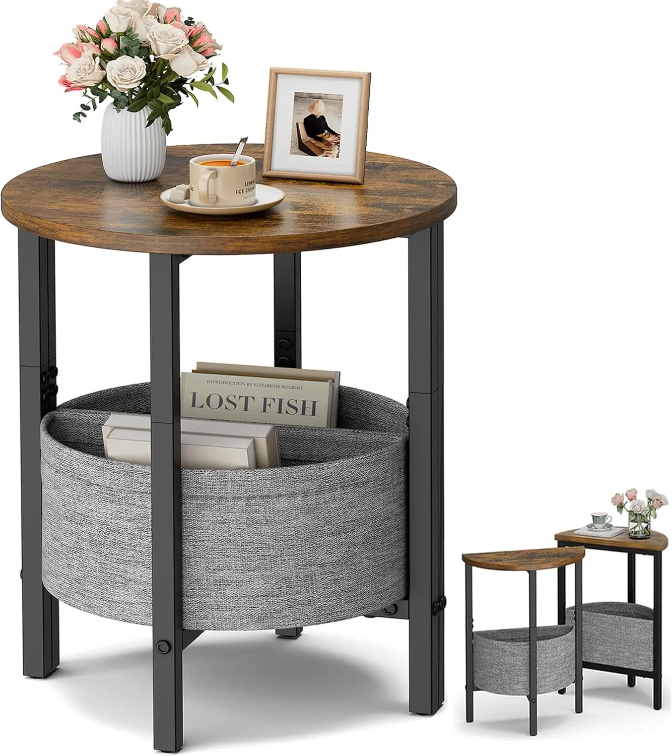 

Set of 2 Half Moon Side Tables with Storage Basket, Modern Brown Accent Coffee Table for Living Room Bedroom
