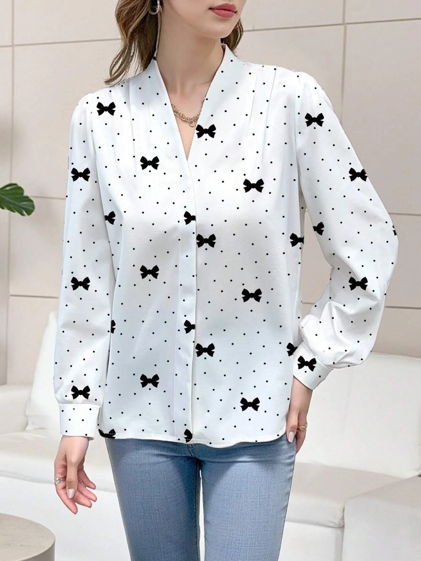 Camicia casual da donna con scollo a V a maniche lunghe stampata con fiocco a pois primaverili e autunnali