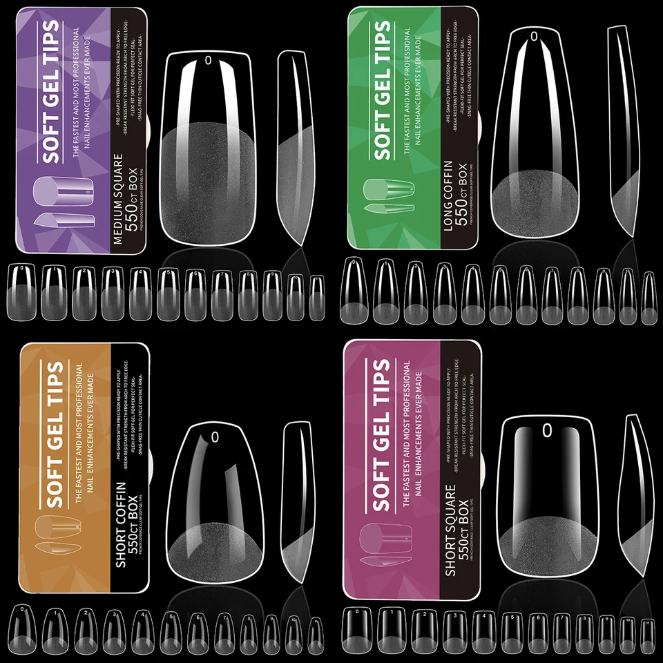 550 piezas de puntas de uñas suaves de gel, cubierta completa, puntas postizas para extensiones acrílicas, almendra corta, transparentes, uñas artificiales 5
