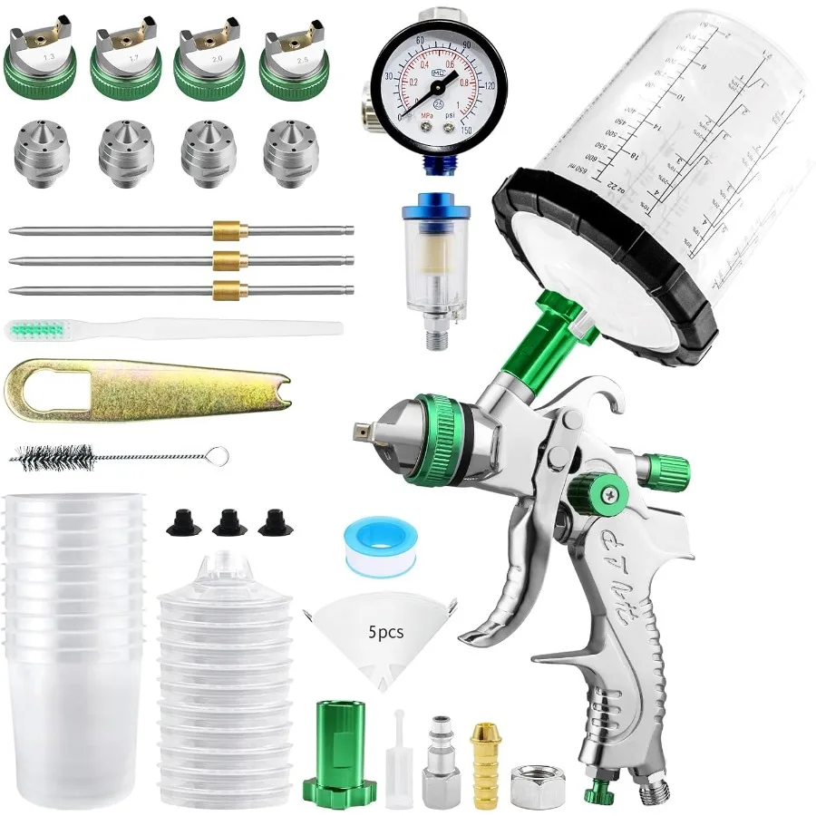 

Пистолет-распылитель HVLP с 10 одноразовыми чашками для краски, 650 мл и 4 насадками 1,4 1,7 2,0 2,5 мм для автомобильной покраски покрытия мебели F