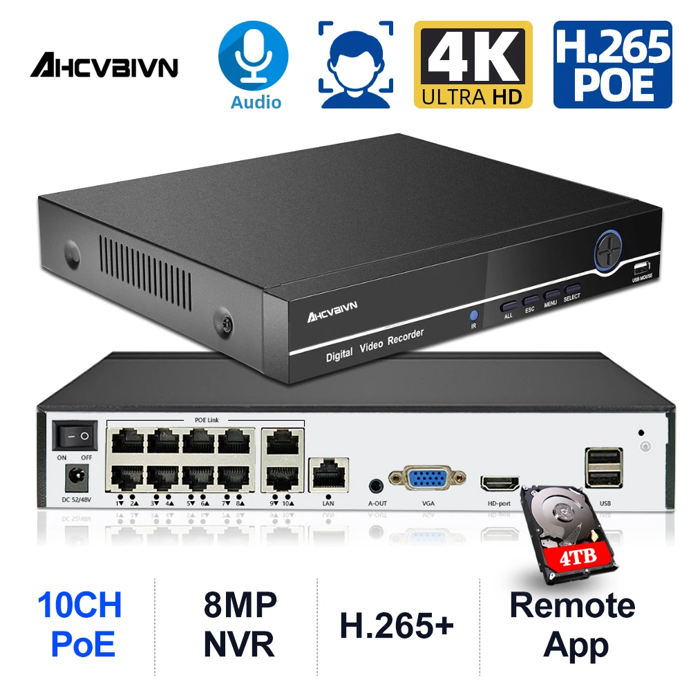 network surveillance video recorder sistema de seguranca poe nvr inteligente ai face deteccao humana 4k 10ch canais cctv poe p2p 8mp 01