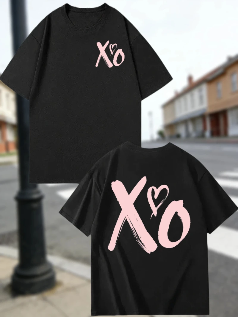 Black Double Sided Print Tee Skin Friendly Fabric Pink XO Letter Heart Graphic Brush Stroke Artistic Minimalist Style