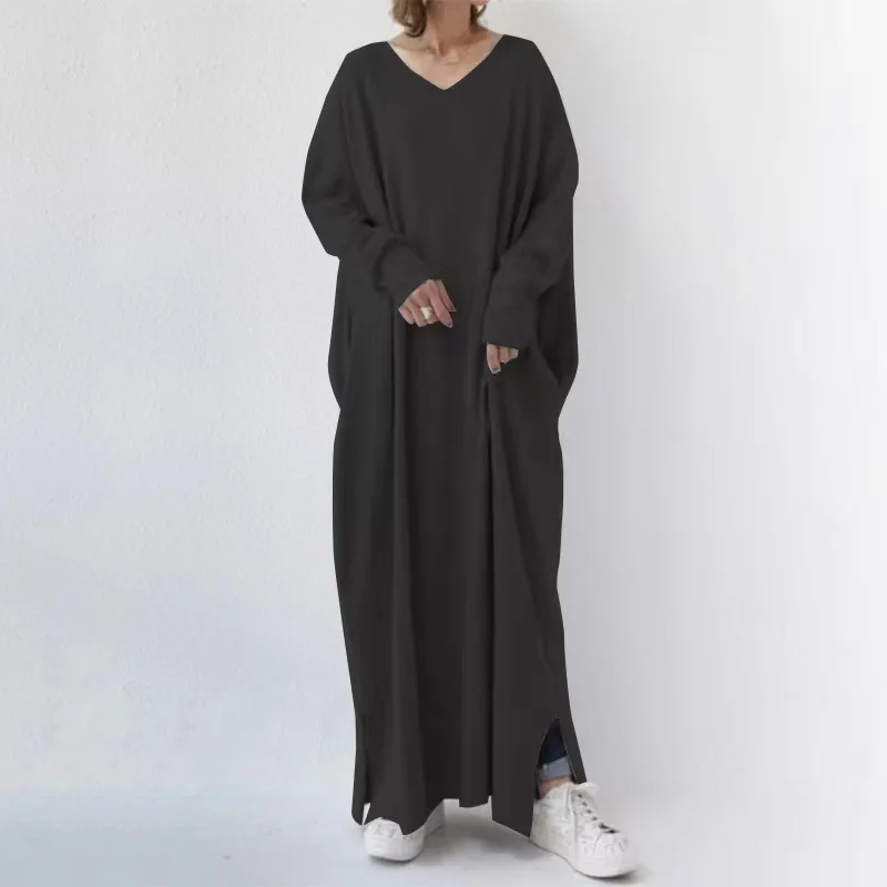 Muslim Islamic Arab Luxury Fashion Spring and Autumn Simple Urban Casual Women's Knitted Long Sleeve V-neck Large Swing Dress