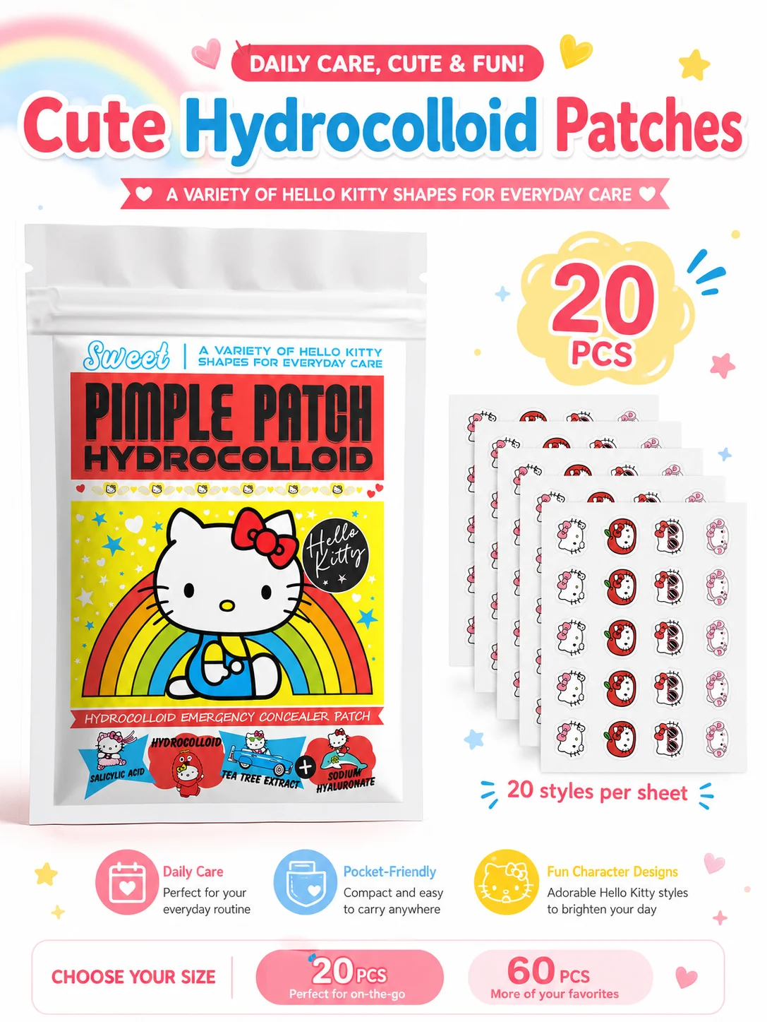Patchs anti-acné Sanrio, autocollants hydrocolloïdes pour les boutons, patchs mignons pour le soin du visage à usage quotidien