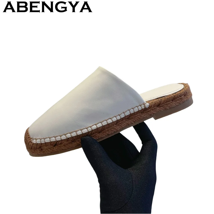 

ABENGYA Suede Leather Round Wrap Toe loafers Slippers Women Obese Casual Comfort Flat Slippers Summer Fashion Mule Shoes Woman