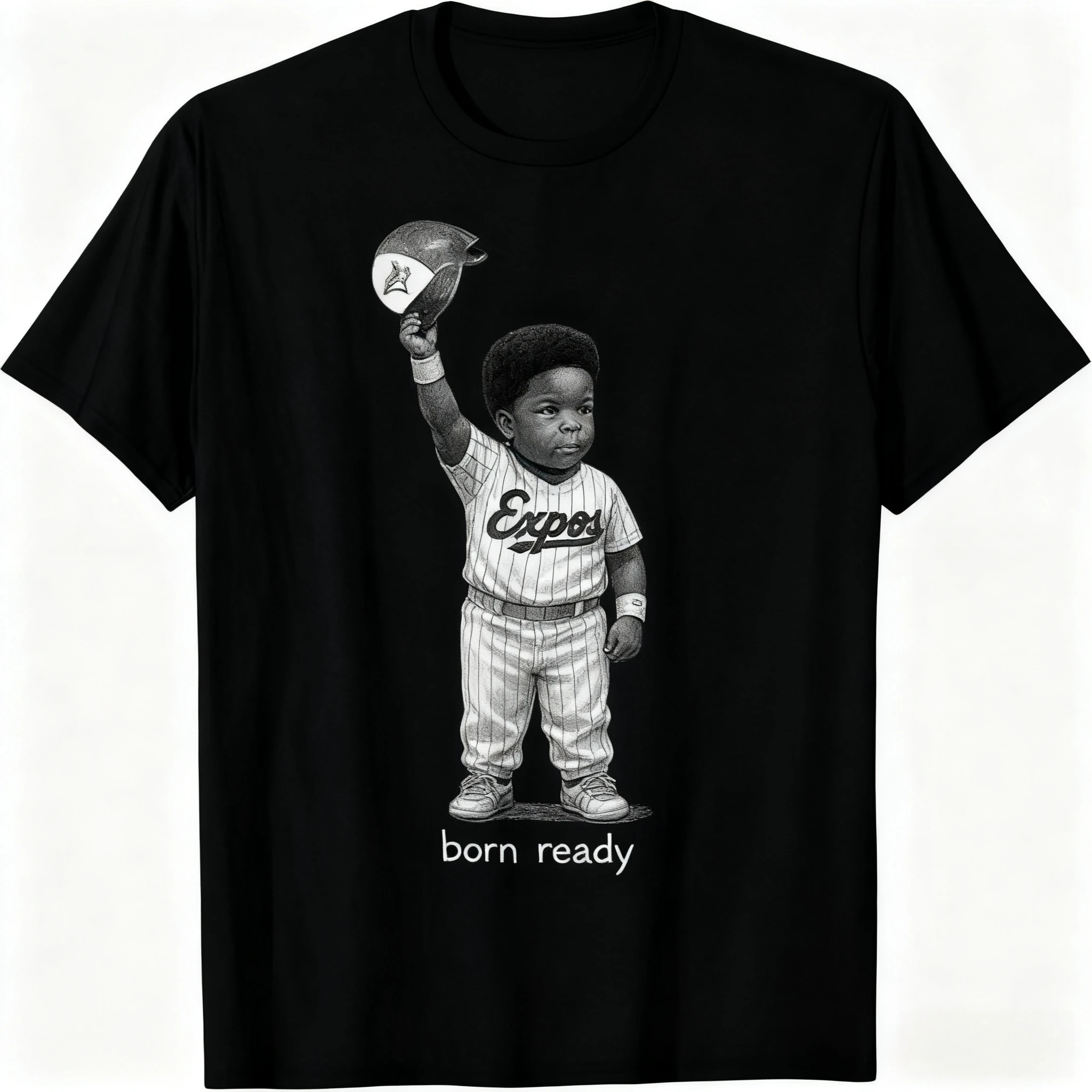 تي شيرت "Born Ready" Expos Vintage Kid Graphic تي شيرت أبيض كلاسيكي لمحبي الحنين Expos 100% قطن قصير الأكمام للجنسين تي شيرت فضفاض