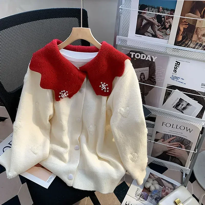 Korejpaa Red White Contrasting Peter Pan Collar Cardigans Women Korean Fashion Knitwear Sweet Sweater Coat Chic Heart Button Top