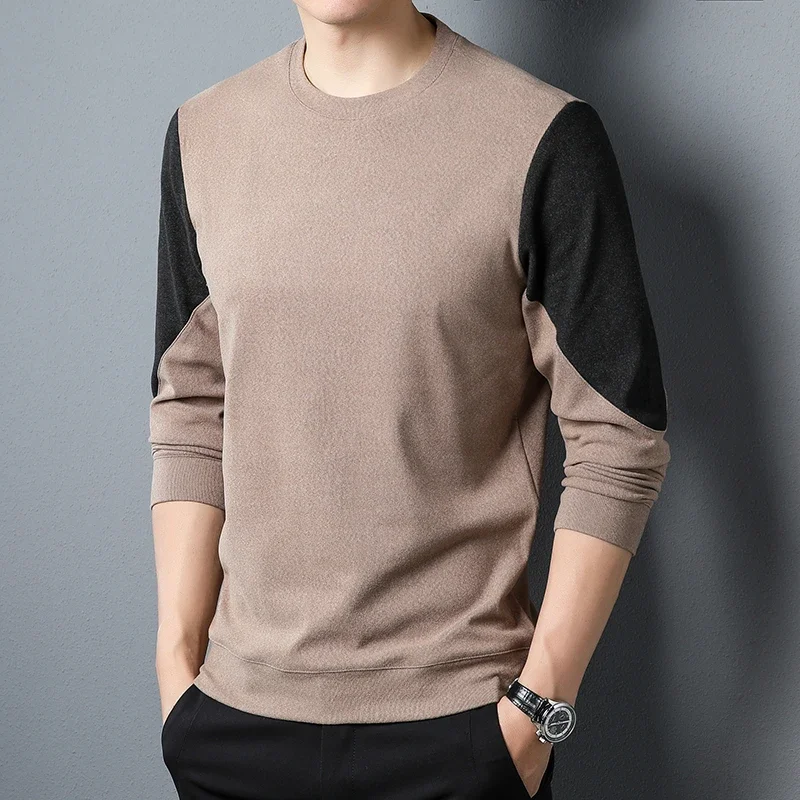 Men's Double-sided Velvet Round Neck T-shirt with Trendy Personality and Fashionable Color Blocking Long Sleeved Hoodie