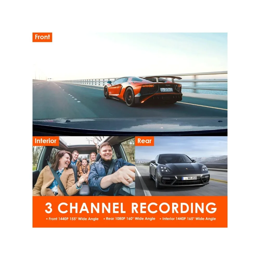 

Channel Dash Cam, 4K+1080P Dual Channel, 1440P+1080P Front Inside Rear Three Way Triple Car Dash Camera
