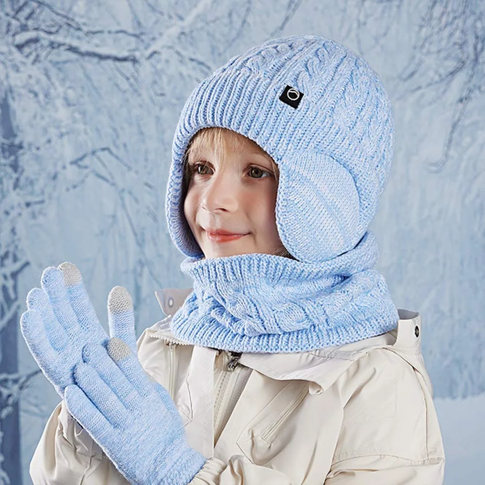 

Fleece Lined Children's Hat Neck Scarf Gloves Set Winter Warm Kids Earflap Beanies Thick Ear Protection Neck Warmers