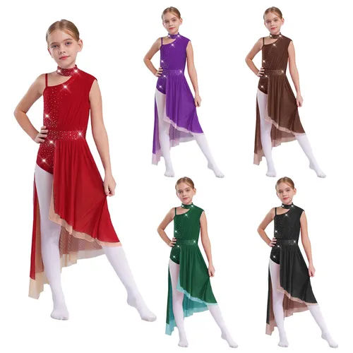 Imagen 2 del producto Vestido de baile lírico de Ballet para niñas, puesta en escena, sin mangas, recortado en la espalda, traje de leotardo con falda de malla transparente asimétrica