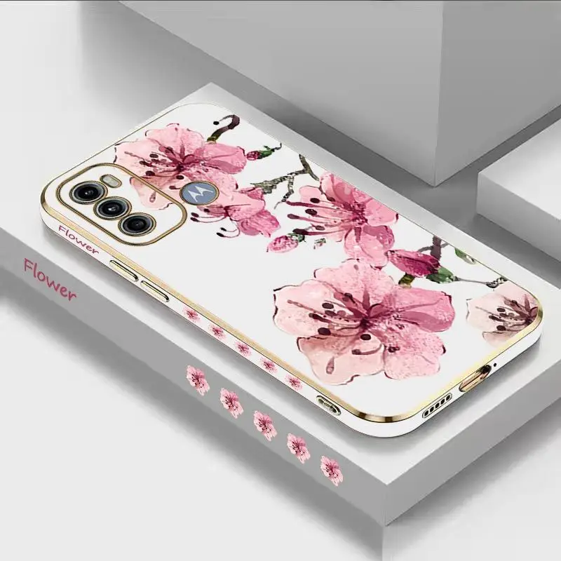 Ink Peach Blossoms Luxury Plating Phone Case For Motorola Moto G60 G53 G52 G50 G42 G30 G20 G22 G52 E20 G9 Play Cover