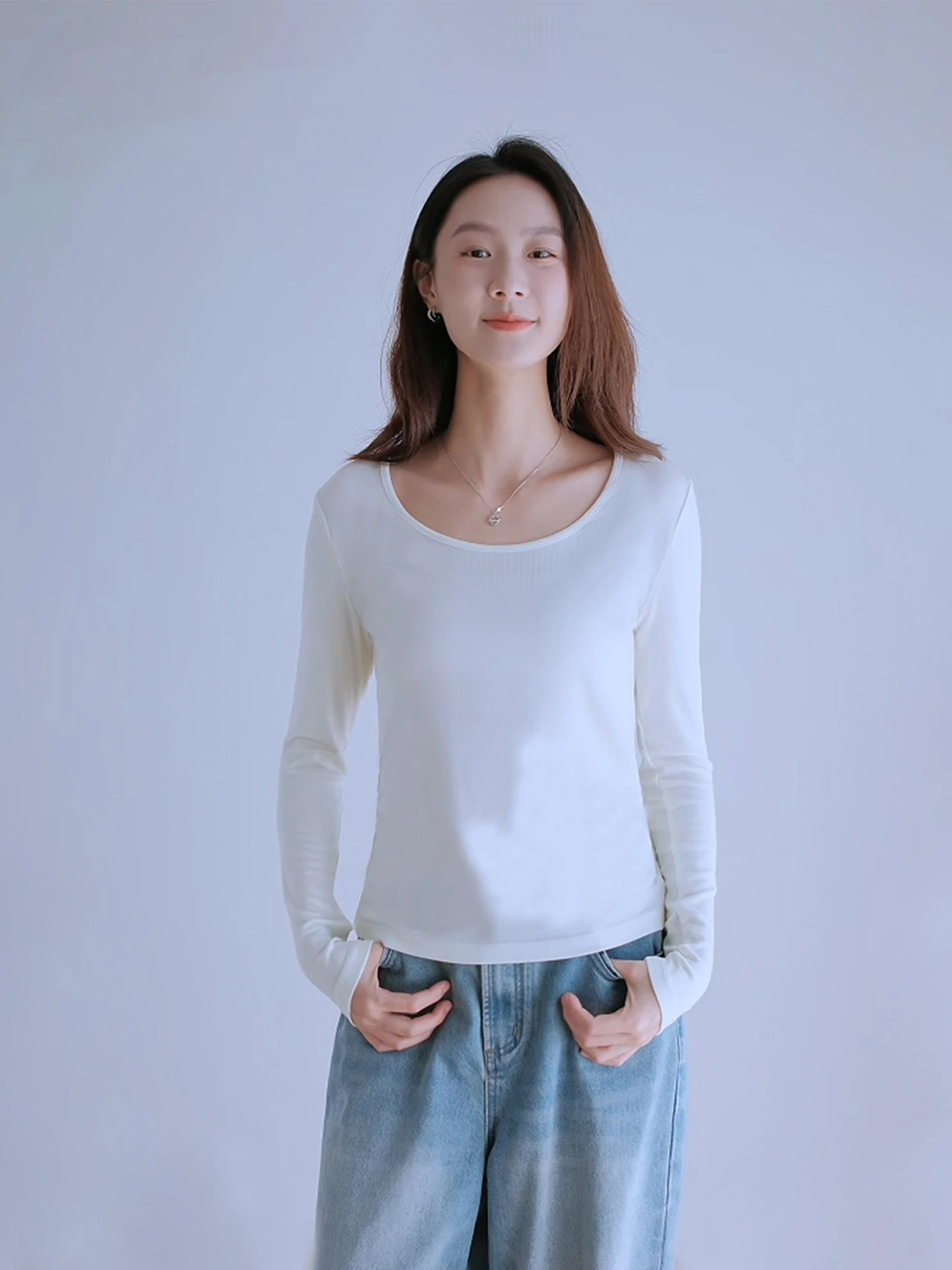 

Женская легкая дышащая облегающая футболка-лонгслив из смесовой шерсти Laceuller с U-образным вырезом, базовая модель для повседневной носки