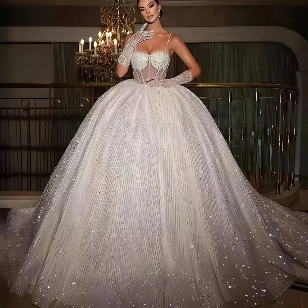 

Роскошные блестящие яркие свадебные платья без рукавов по индивидуальному заказу, платья с блестками и бретельками, расшитые бисером, Vestido De Noiva