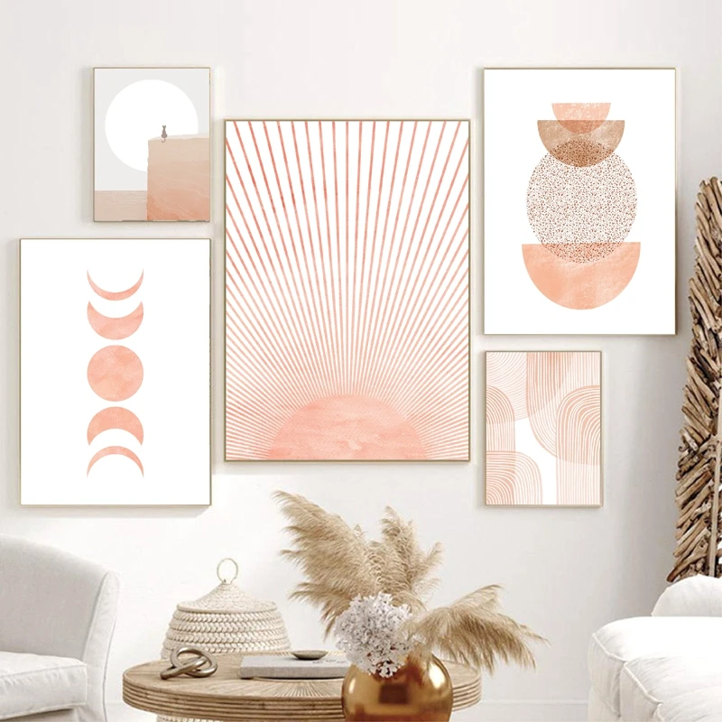 Mid Century Modern Wall Art Canvas Print Neutral Wall Picture Boho Decor Abstract Sun Art Painting Moon Phases Poster Home Decor