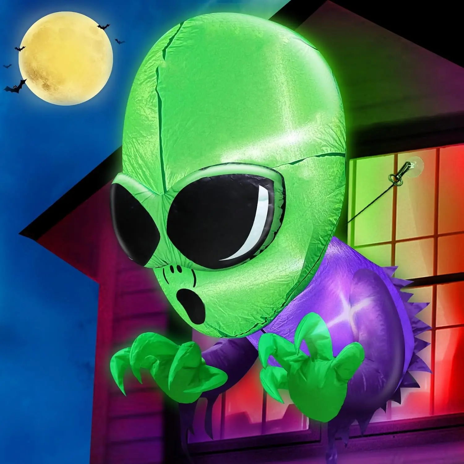 4 Ft Halloween Inflatables Outdoor Decorations Alien Broke Out from Window with Built-in LED Blow Up Toys for Scary Party Home