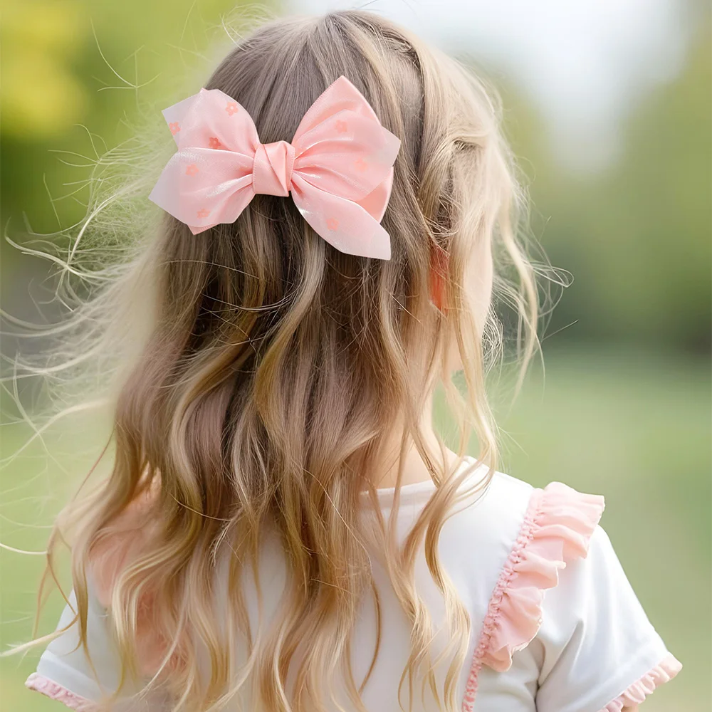 2Pcs New Satin Bow Hair Clips Pink Luxury Flower Chiffon Hairpins For Girl Handmade Floral Barrette Children Headwear Accesories