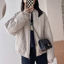 Winter Simple Woman Clothes Casual Parkas Stand Collar Baseball Uniform Thicken Thermal Quilted Plaid Loose Long Sleeve Jackets