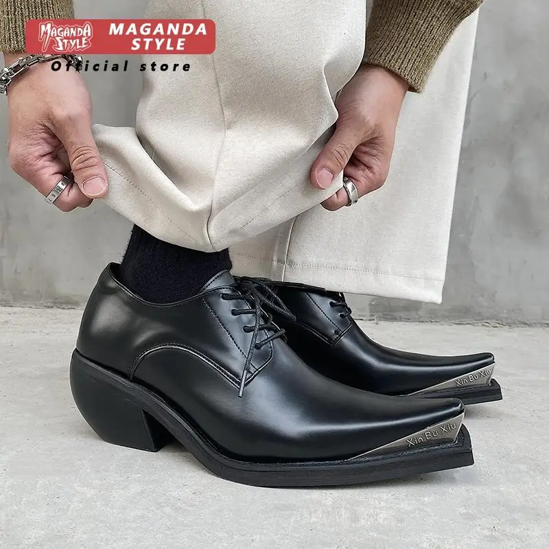 Dark Derby shoes for men and women niche upturned wizard shoes model runway fashion styles high heels 7CM pointed leather shoes