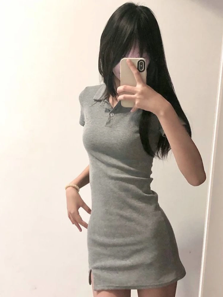 Dress Women Short Sleeve Simple Turn Down Collar Casual Solid Hotsweet Femme Korean Style Fashion Mini High Street Tunic A-line