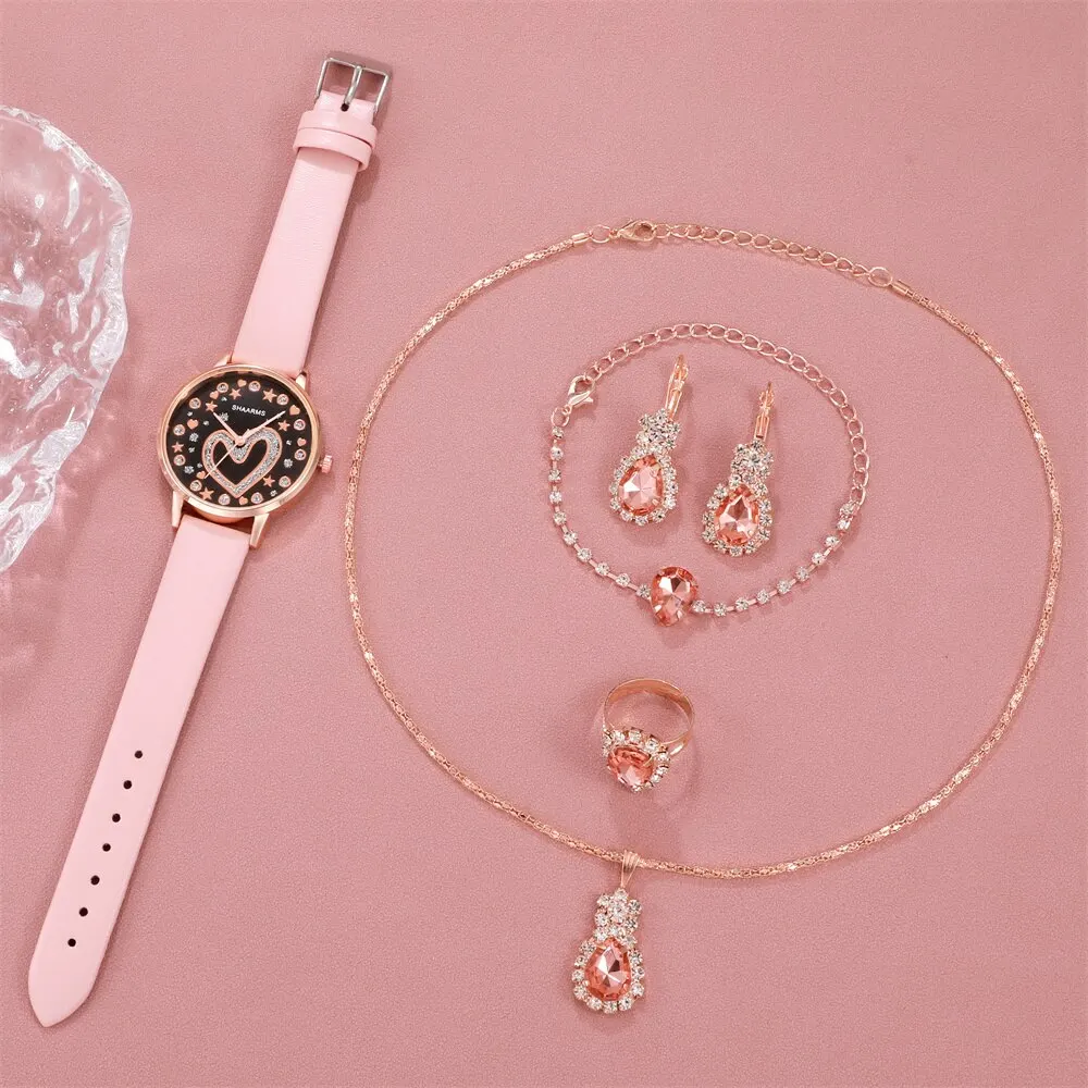 นาฬิกาผู้หญิงหน้าปัดรัก6ชิ้นดีไซน์แบรนด์นาฬิกาผู้หญิงสายหนังสีชมพูนาฬิกาข้อมือควอทซ์เรียบง่ายลำลอง