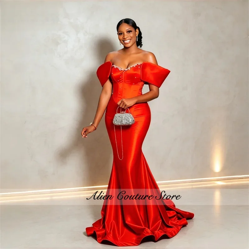 Hot Red Long Mermaid Satin Evening Dress Off The Shoulder Corset Back Stunning Beading Black Women Prom Gowns For Party