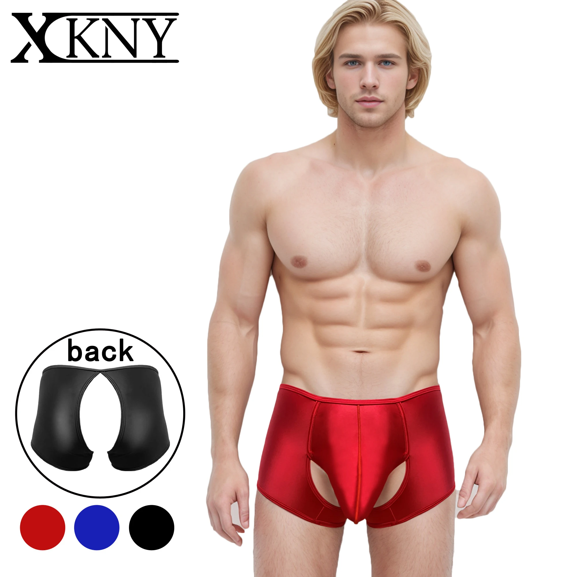 

XCKNY satin glossy underwear men oil open crotch underwear smooth boxer shorts shiny Silk High elasticity shorts