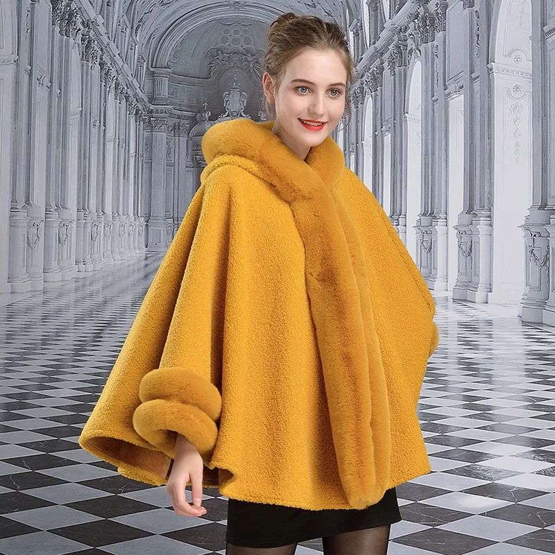 Luxury faux fur cloaks with hood lady Winter warm fur trim shawl ponchos women thick fur capes with lining