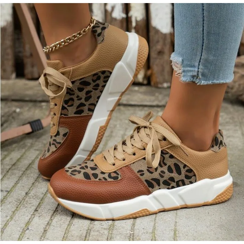 

New Thick-soled Round Toe Low-top Leopard Print Women's Singles Cross-large Stitching Lace-up Sneakers Plus Size 36-43