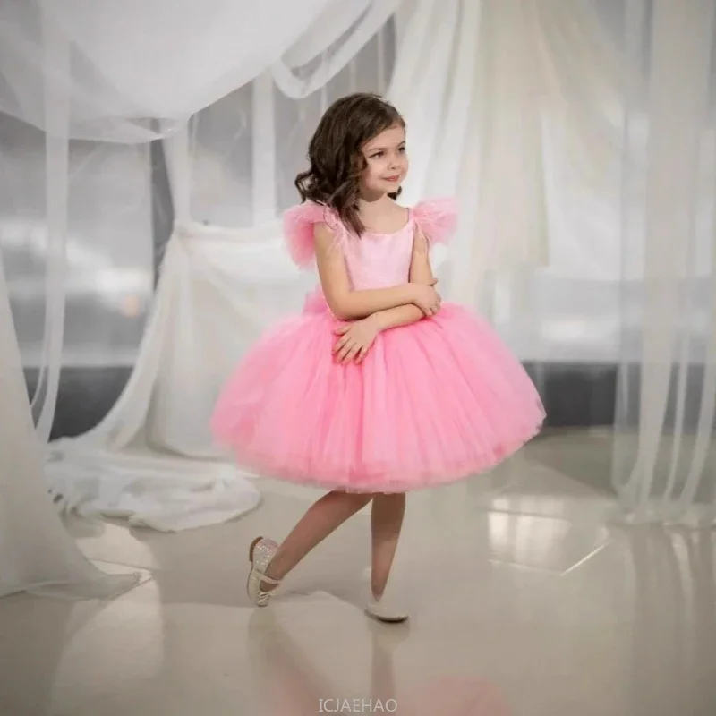 Party Dress Children European PinkHost Tutu Gown Kids Wedding Outfit Sleeveless Flower Girl Dresses with Train Birthday Pageant