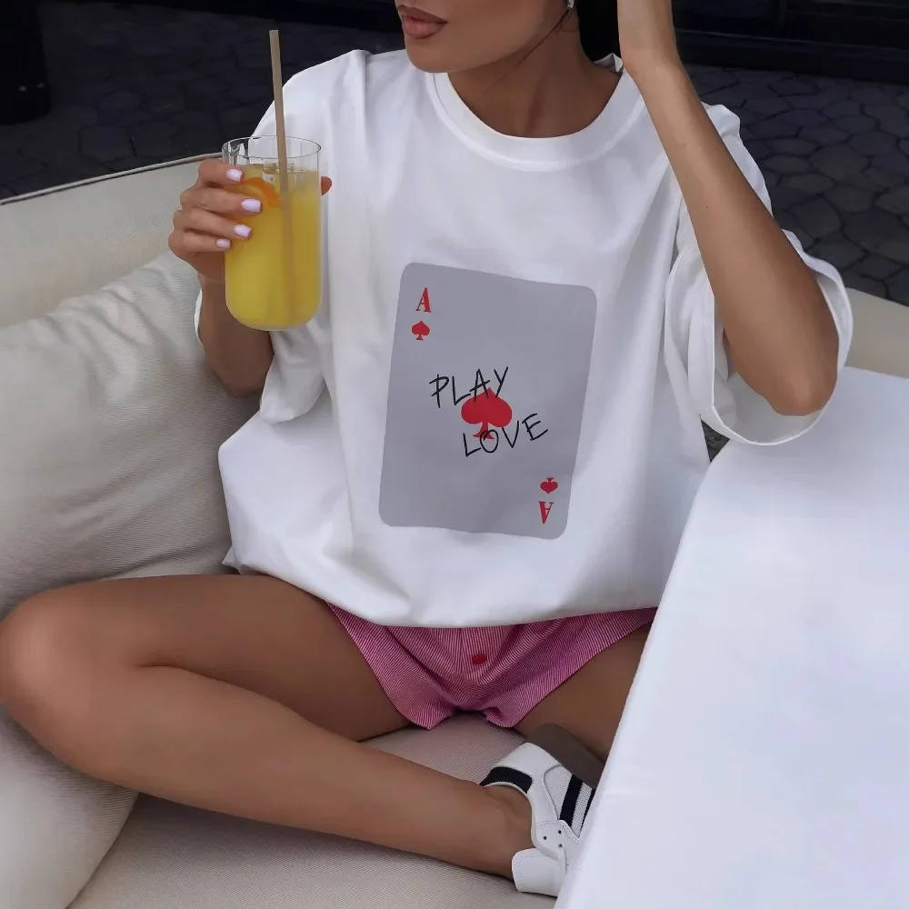 Summer Street Ins Original Poker Printed Cotton T-shirt Trendy Y2K Men and Women Spring Fashion Retro Oversized T-shirt Top