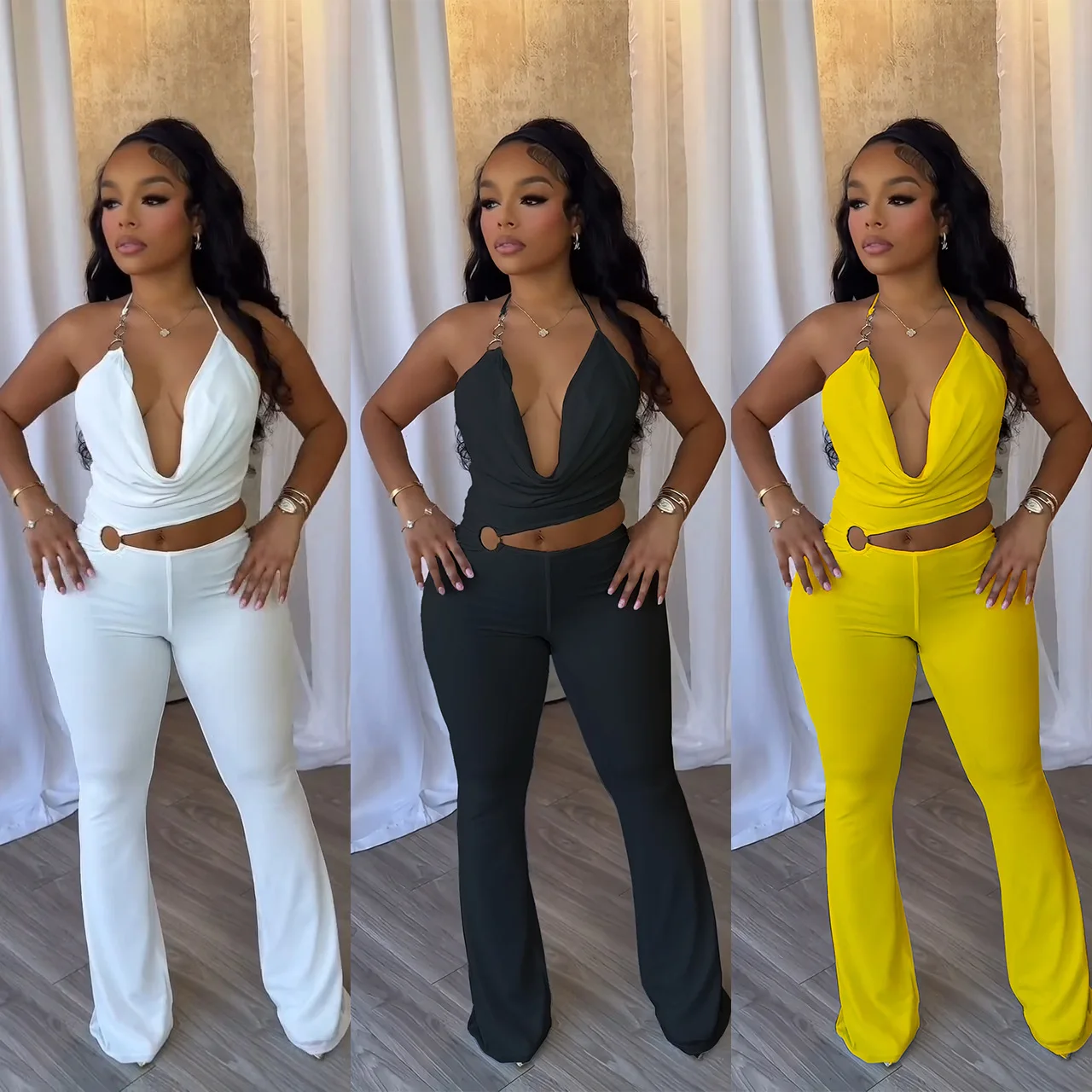 

Halter V-neck Backless One Piece Jumpsuit Women Sexy Hollow Out Sleeveless Night Club Outfits Birthday Rompers Overalls