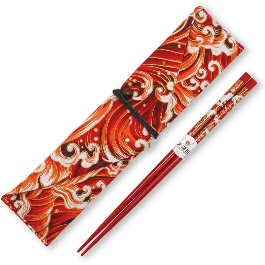 

Многоразовые палочки для еды с футляром, бамбуковые палочки для еды, подарочный набор, красный узор океанской волны, портативные палочки для еды в китайском японском стиле для Tra
