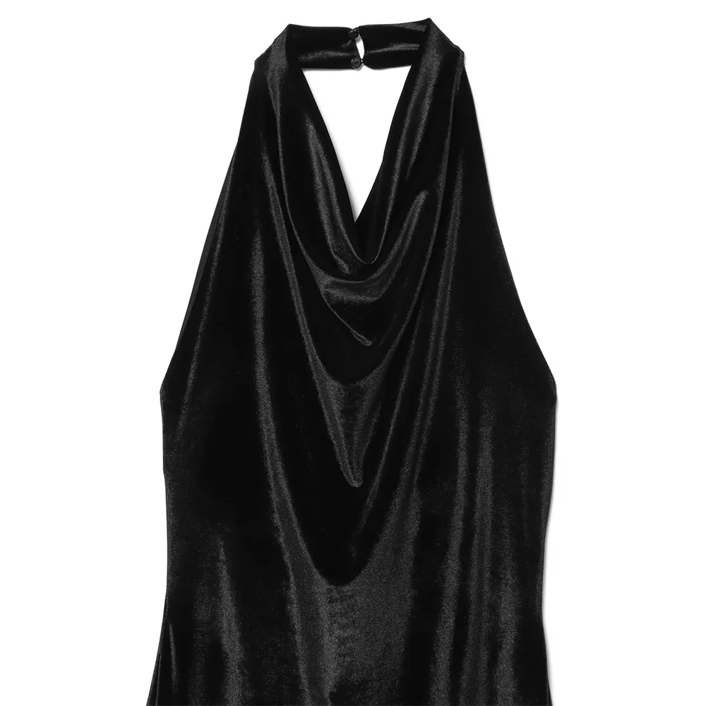 Zimowa Nowość Damska Francuska Retro Luksusowa Zmysłowa Sukienka Midi z Aksamitu z Dekoltem typu Halter i Koronkowym Kołnierzykiem z Aksamitu