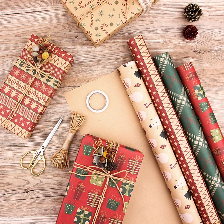 A 6-piece Christmas gift paper set - high quality color-mixed themed paper with Christmas tree and snowflake patterns for festiv