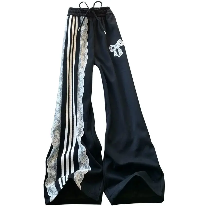 Sports Pants for Women in Spring, Retro High Waisted Lace Patchwork Striped Straight Leg Casual Pants, Black Wide Leg Pants