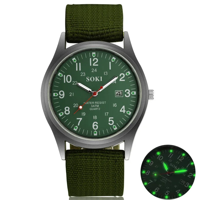 Fashion Mens Military Watches Calendar Luminous Dial Sport Army Green Men Quartz Watch Nylon Strap Retro Clock Relogio Masculino