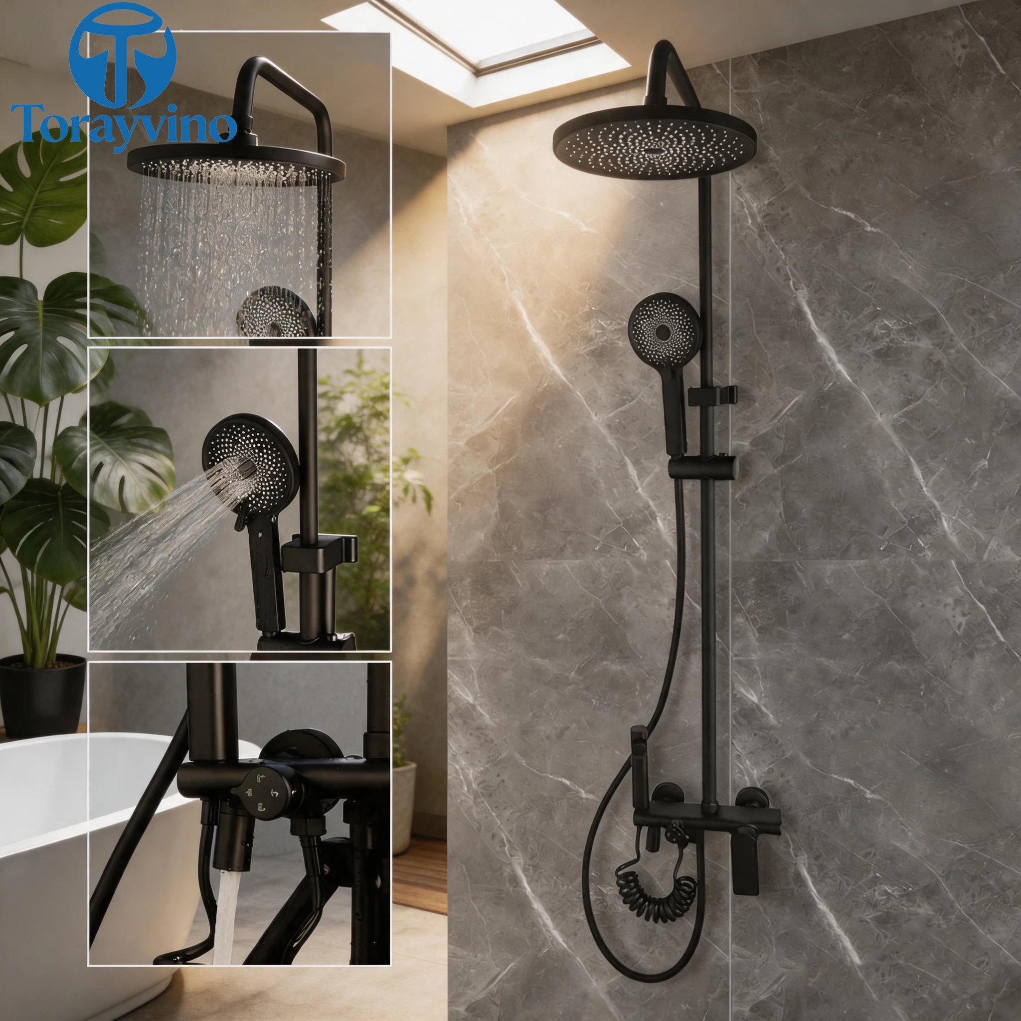 Torayvino luxury Bathroom Shower Faucet Set Hand Sprayer 4 Function Shower System Set Rainfall high quality outdoor column