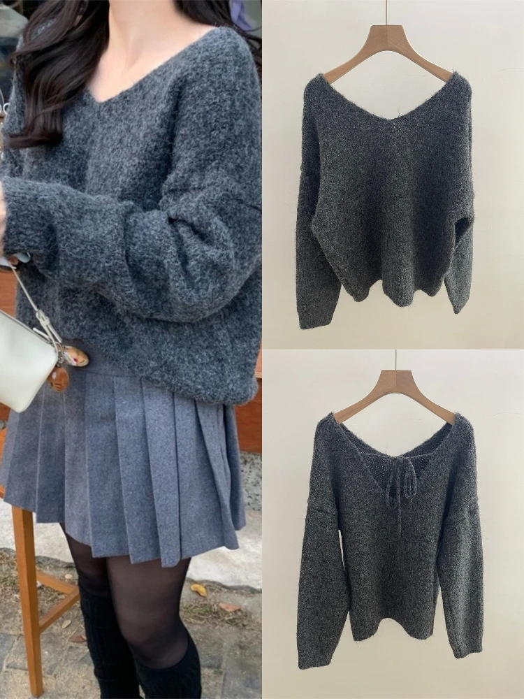 

Gentle Sle Loose Women's Knitted Sweater with V-Ne Tie Ba Long Sve Soft Cozy Dongda Gate oulder Bared Pure
