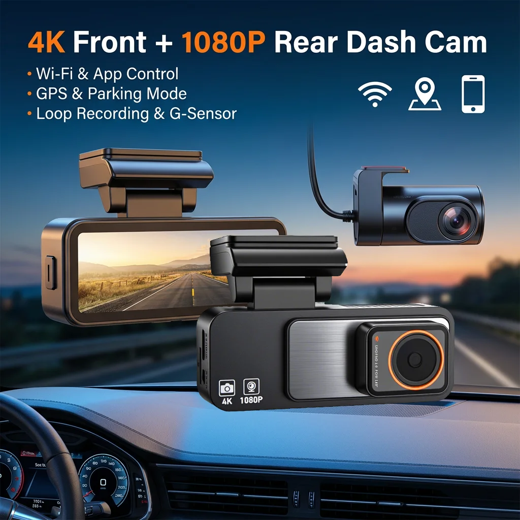 4K Dash Cam Built-in GPS WiFi Front and Rear Supercapacitor 24H Parking Monitor Dual Lens 3.2