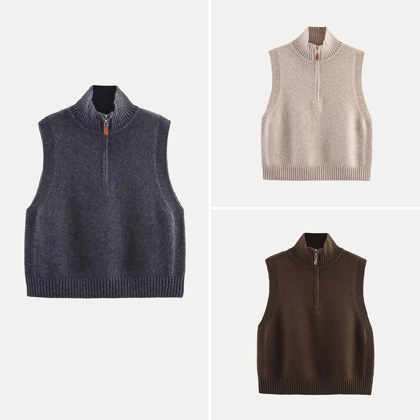 Fashionable Knitted Sweater Vest Women's Autumn 2026 Half Zipper Overhead Style No Chest Pad Regular Length Outerwear