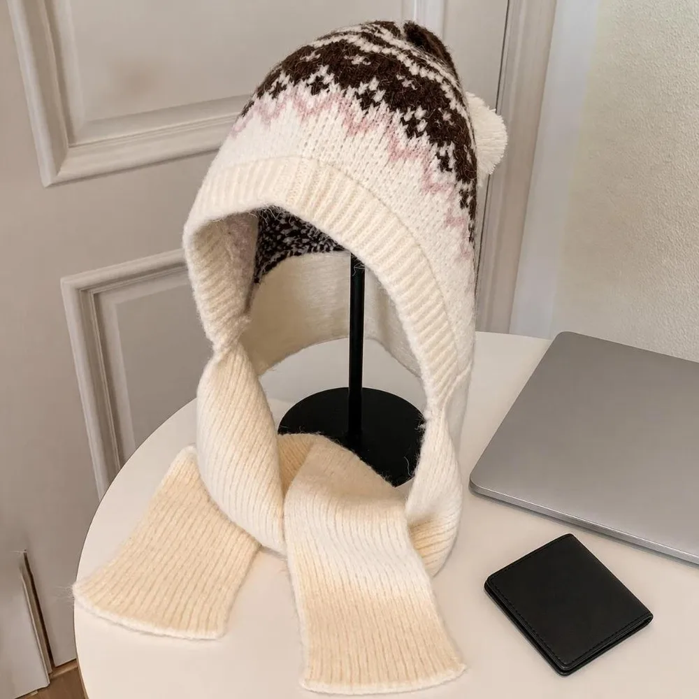 Acrylic Polyester Blend Fair Isle Knitted Hat Scarf Set Warm Lining Thick Material Winter Knit Hat Ear Flap Design