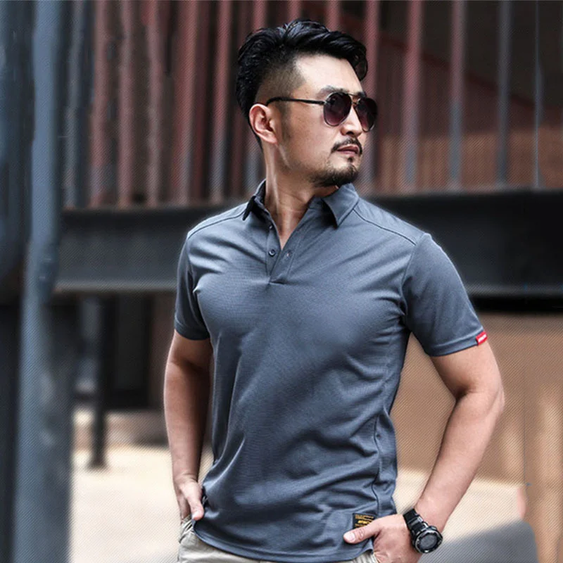 

Men Outdoor Lapel Military Tactical Quick Dry T-shirt Breathable Elasticity Summer Climbing Training Hiking Fishing Sports Shirt