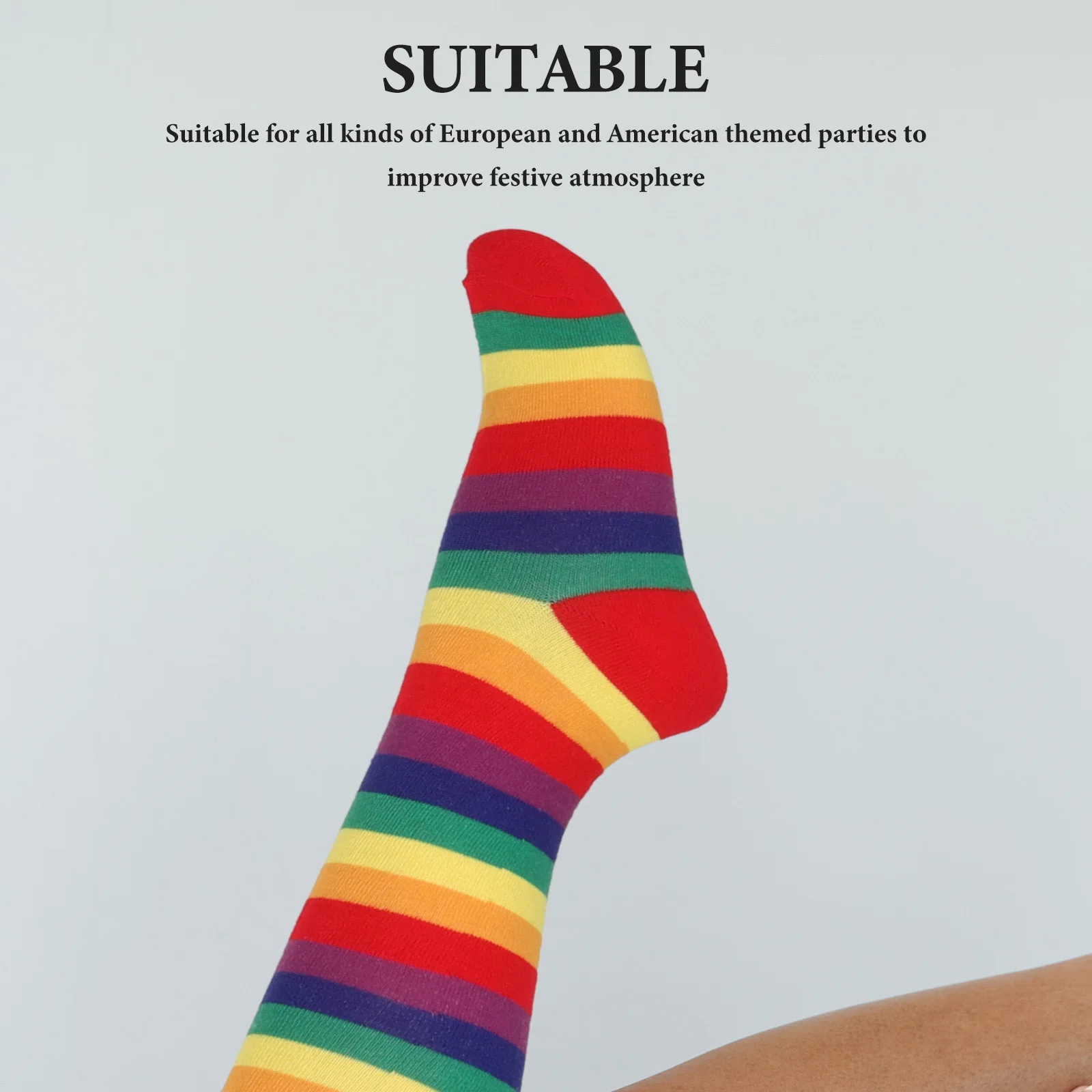 ชุดถุงเท้ายาวลายทางพร้อมถุงมือ อุปกรณ์คอสเพลย์สีสันสดใส ถุงเท้าและถุงมือแบบไม่มีนิ้วสำหรับงานปาร์ตี้ แต่งตัวฮาโลวีน